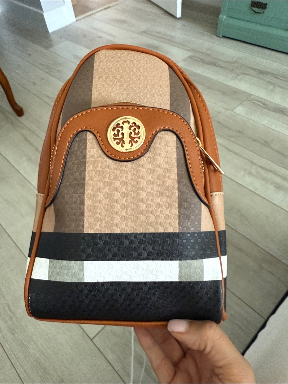 Tan and Brown Striped Women’s Crossbody Bag